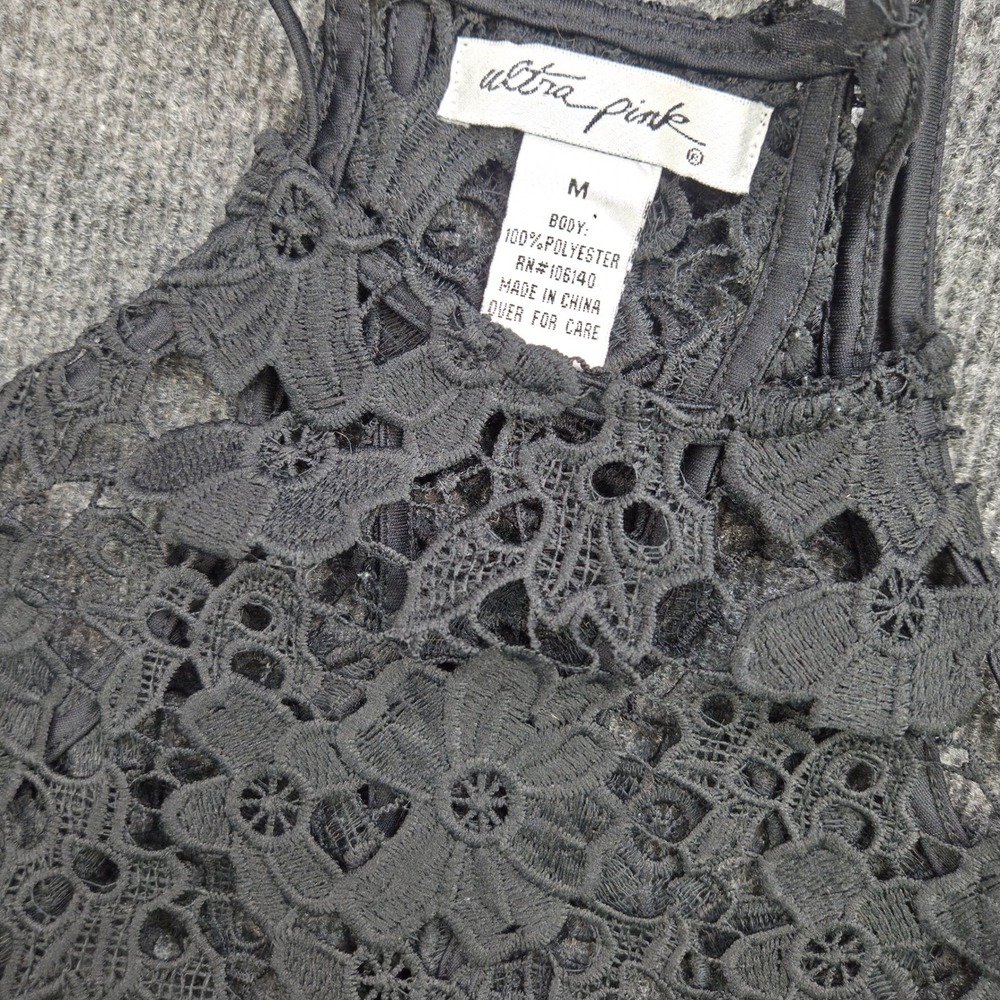 Ultra Pink Halter Top Womens M Black Polyester Lace Boho Fringe Summer Festival